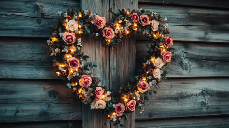 This stunning heart-shaped floral wreath features soft pink roses surrounded by warm fairy lights, creating a romantic atmosphere against a rustic wooden backdrop.の素材