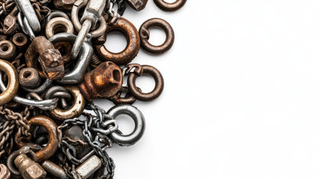 This image showcases a variety of metal hardware pieces, including chains and rings, positioned closely against a white backdrop, highlighting their detailed textures and shapes.の素材
