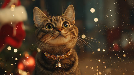 A heartwarming image of a tabby cat looking upward with wide eyes amid falling snowflakes, creating a magical and festive atmosphere perfect for winter-themed projects.の素材