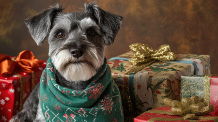 This charming schnauzer dog, wrapped in a green holiday scarf, sits proudly amidst colorful Christmas gifts, radiating joy and warmth, perfect for capturing festive spirit.の素材