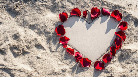 A beautiful heart shape created with vibrant red rose petals rests on soft sand at the beach, evoking feelings of love and romantic moments against a serene coastal backdrop.の素材