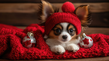 This image features an adorable puppy donning a festive red hat, nestled among Christmas ornaments on a cozy blanket, evoking a warm holiday spirit and joy.の素材