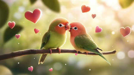 A heartwarming image of two colorful lovebirds sharing a kiss on a branch, set against a dreamy background of floating hearts and gentle sunlight, evoking feelings of romance and joy.の素材
