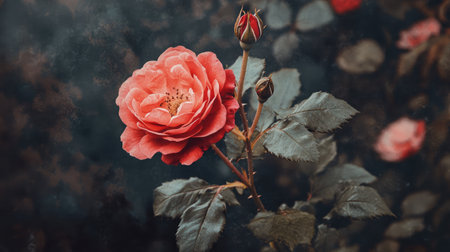 A stunning close-up of a peach rose flower showcasing its delicate petals and vibrant color, accompanied by budding flowers and lush green leaves, perfect for floral designs.の素材