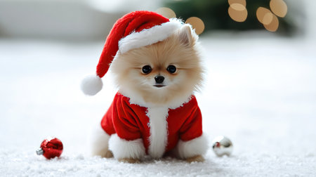 A charming Pomeranian puppy in a festive Santa outfit sits on a snowy surface, embodying the joy of Christmas with its playful demeanor and soft holiday backdrop.の素材