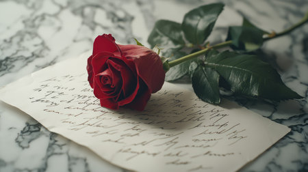 A stunning red rose rests on an antique letter featuring romantic handwritten text, evoking feelings of love, nostalgia, and beauty in a serene and elegant setting.の素材