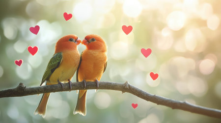 Two vibrant orange birds share a tender moment on a branch, surrounded by hearts, creating a joyful and romantic atmosphere against a soft-focus background.の素材