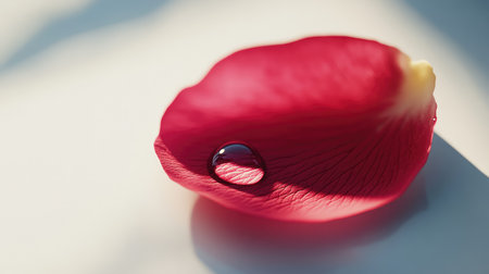 A stunning close-up image of a vibrant red rose petal with a sparkling water droplet resting on its surface, capturing the exquisite textures and natural beauty in soothing light.の素材