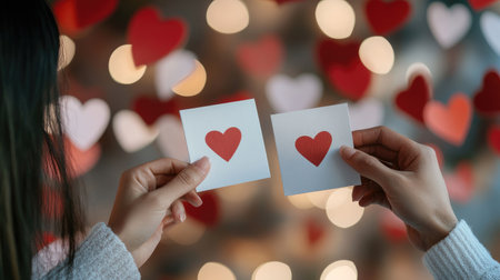 Hands hold heart cards against a blurred background filled with red hearts, creating a warm and romantic scene perfect for celebrating love and affection.の素材