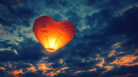 A stunning heart-shaped lantern glows warmly as it ascends into the evening sky, creating a magical scene that symbolizes love and hope against a backdrop of dramatic clouds.の素材
