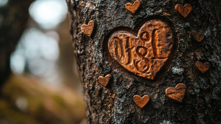 A beautifully carved heart with numbers engraved on a tree, capturing a moment of love and memories in nature, ideal for romantic and sentimental themes.の素材