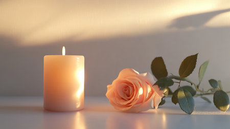 A serene composition featuring a soft candle and a delicate rose, creating an inviting atmosphere perfect for relaxation, romance, or special occasions in natural light.の素材