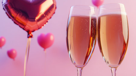 Celebrate love with elegant champagne glasses filled with sparkling drink, set against a soft pink backdrop adorned with heart-shaped balloons. Perfect for romantic occasions.の素材