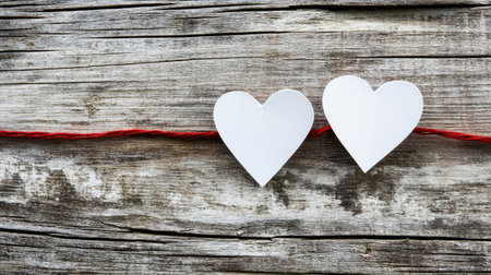 Two charming white hearts made of paper are strung on red twine, set against a rustic wooden backdrop, representing love and connection in a simple yet elegant design.の素材