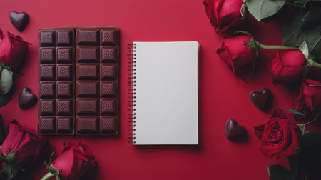 A captivating flat lay featuring dark chocolate, vibrant red roses, and a blank notebook on a bold red backdrop, perfect for expressing love and creating heartfelt notes.の素材