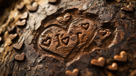 A close-up image of a carved heart on tree bark surrounded by small heart shapes, symbolizing love and connection in a natural setting, ideal for romantic themes.の素材