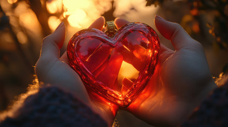 A stunning heart-shaped ornament glows softly in the hands of a person, set against a warm sunset, capturing the essence of love and tranquility in nature.の素材