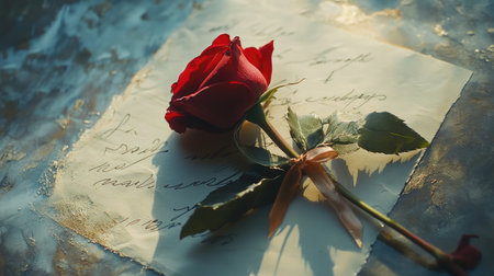 A stunning red rose elegantly placed on a vintage letter showcases romance and emotion, perfect for projects reflecting love, memories, and nostalgia through artistic imagery.の素材