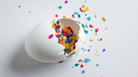 A creative image of a broken white eggshell filled with vibrant confetti pieces, representing new beginnings, surprises, and joyful celebrations in a minimalistic setting.の素材