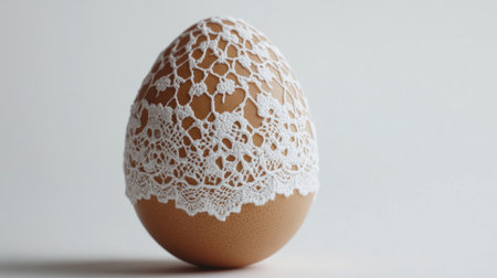 A beautifully decorated egg featuring intricate white lace, perfect for spring celebrations or artistic displays. This elegant piece captures the essence of artistry and craftsmanship.の素材