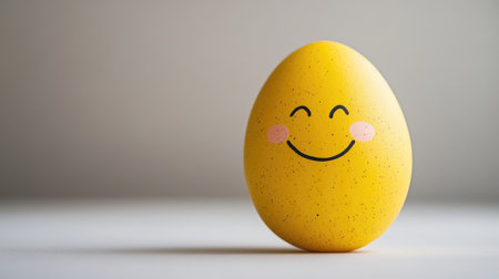 A cheerful yellow egg featuring a smiling face, ideal for representing joy, celebrations, and festive occasions. Perfect for Easter and springtime themes.の素材