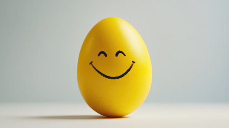 A vibrant yellow egg features a cheerful smiley face, ideal for conveying happiness and joy. Perfect for use in designs related to Easter, spring, or playful themes.の素材