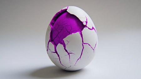 A striking image of a cracked white egg revealing a vibrant purple interior, ideal for themes of transformation, creativity, and new beginnings in any project.の素材