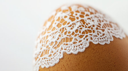 A beautifully detailed egg featuring delicate white lace, ideal for spring festivities, Easter designs, or culinary presentations that need a touch of elegance and charm.の素材