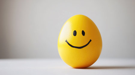 A cheerful yellow egg featuring a smiley face, symbolizing joy and positivity, ideal for spring celebrations, artistic projects, or uplifting decor in various settings.の素材