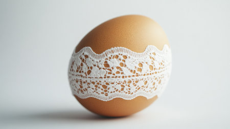 A beautifully decorated egg wrapped in intricate white lace sits elegantly against a soft background, ideal for spring celebrations, artistic projects, or as a charming decorative piece.の素材