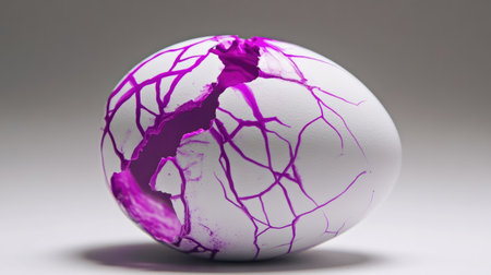 A stunning image of a white egg with striking purple cracks, symbolizing creativity and fragility, perfect for use in artistic, culinary, or contemporary design projects.の素材