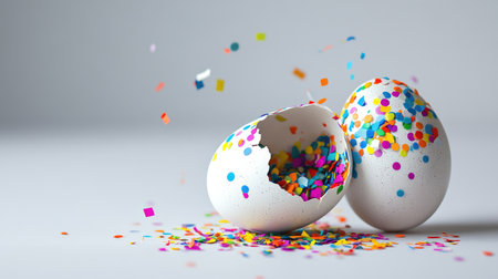 A pair of broken eggshells spills vibrant confetti on a smooth surface, symbolizing celebration and joy. Ideal for use in festive graphics and marketing materials.の素材