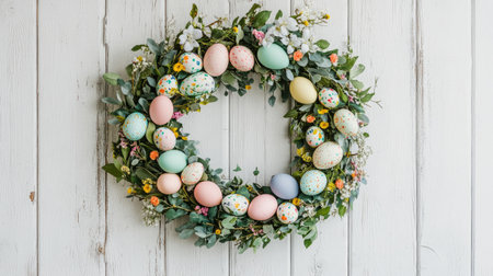 Beautiful Easter wreath featuring pastel eggs and fresh flowers, ideal for enhancing your spring decorations and celebrating the festive holiday spirit at home.の素材