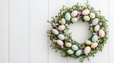 This stunning Easter wreath features a mix of pastel-colored eggs and lush greenery, ideal for enhancing your spring decor and celebrating the joy of the season.の素材