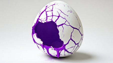This striking image features a cracked egg with vibrant purple liquid spilling out, representing creativity and transformation in a minimalist and artistic style.の素材
