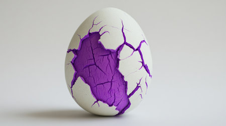 A striking cracked egg with a vibrant purple interior highlights creativity and artistry, perfect for projects depicting change and artistic concepts in modern design.の素材