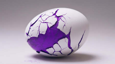 An artistic representation of a cracked egg with a striking purple design, perfect for themes of creativity and modern artistry in food and decoration.の素材