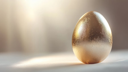 A beautiful golden egg stands alone in soft light. This image captures themes of success and elegance, perfect for projects related to luxury, prosperity, and new beginnings.の素材