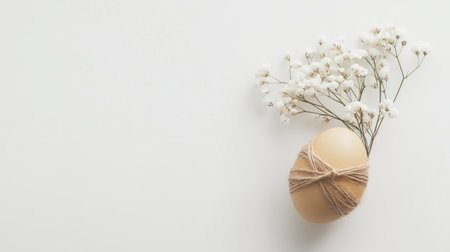 A beautifully styled Easter egg wrapped in twine, complemented by delicate white flowers, creating a serene and elegant arrangement ideal for spring celebrations.の素材