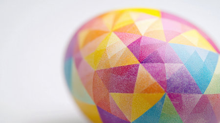 Close-up of a colorful geometric Easter egg with triangular patterns, perfect for spring celebrations, artistic projects, and festive decorations for all ages.の素材