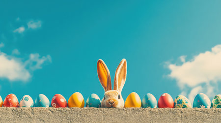 A charming scene featuring a cute bunny peeking over a row of vibrant eggs under a brilliant blue sky, perfect for celebrating Easter and the arrival of spring.の素材