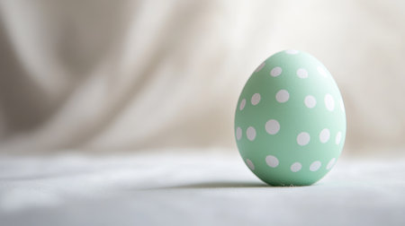 A charming mint green Easter egg adorned with white polka dots, placed on a soft beige fabric background, perfect for spring celebration and decorative inspiration.の素材