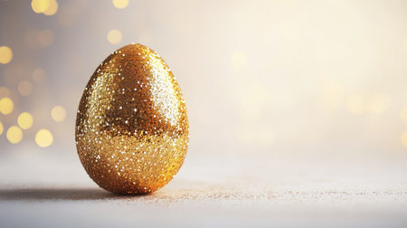 A stunning golden egg covered in glitter stands elegantly against a soft bokeh background, perfect for spring celebrations, holiday decorations, and creative projects.の素材
