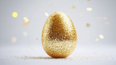 A beautifully crafted golden egg covered in glitter stands out against a soft neutral background, surrounded by sparkling confetti, perfect for festive seasonal themes.の素材