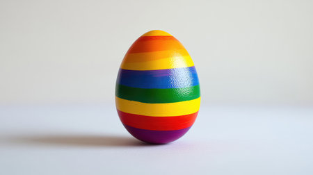 A vibrant, rainbow-striped egg stands alone against a simple background, representing themes of diversity and celebration, ideal for spring festivities and cultural events.の素材