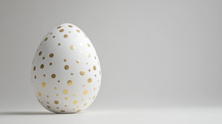 A stunning white egg adorned with gold dots, perfectly placed on a soft background, ideal for capturing the essence of elegance in seasonal or festive decor and modern design projects.の素材
