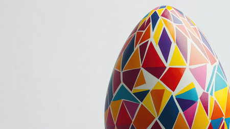 This vibrant Easter egg features an intricate geometric design with colorful triangles, ideal for celebrating spring and adding a cheerful touch to holiday decorations.の素材