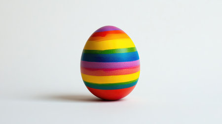 A beautifully crafted rainbow-striped egg stands out against a minimalistic background, embodying the joy of springtime festivities and seasonal celebrations.の素材