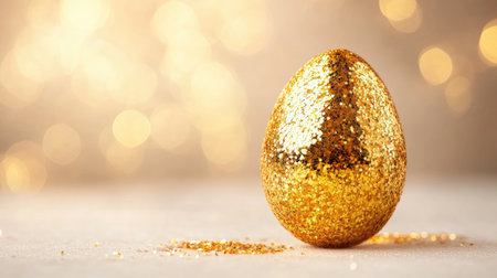 A stunning golden glitter egg stands elegantly against a soft background filled with bokeh lights, ideal for festive decorations and celebrations that exude luxury and joy.の素材