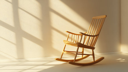 A beautifully crafted wooden rocking chair catches sunlight, casting soft shadows on the floor, creating a tranquil and inviting atmosphere perfect for relaxation.の素材